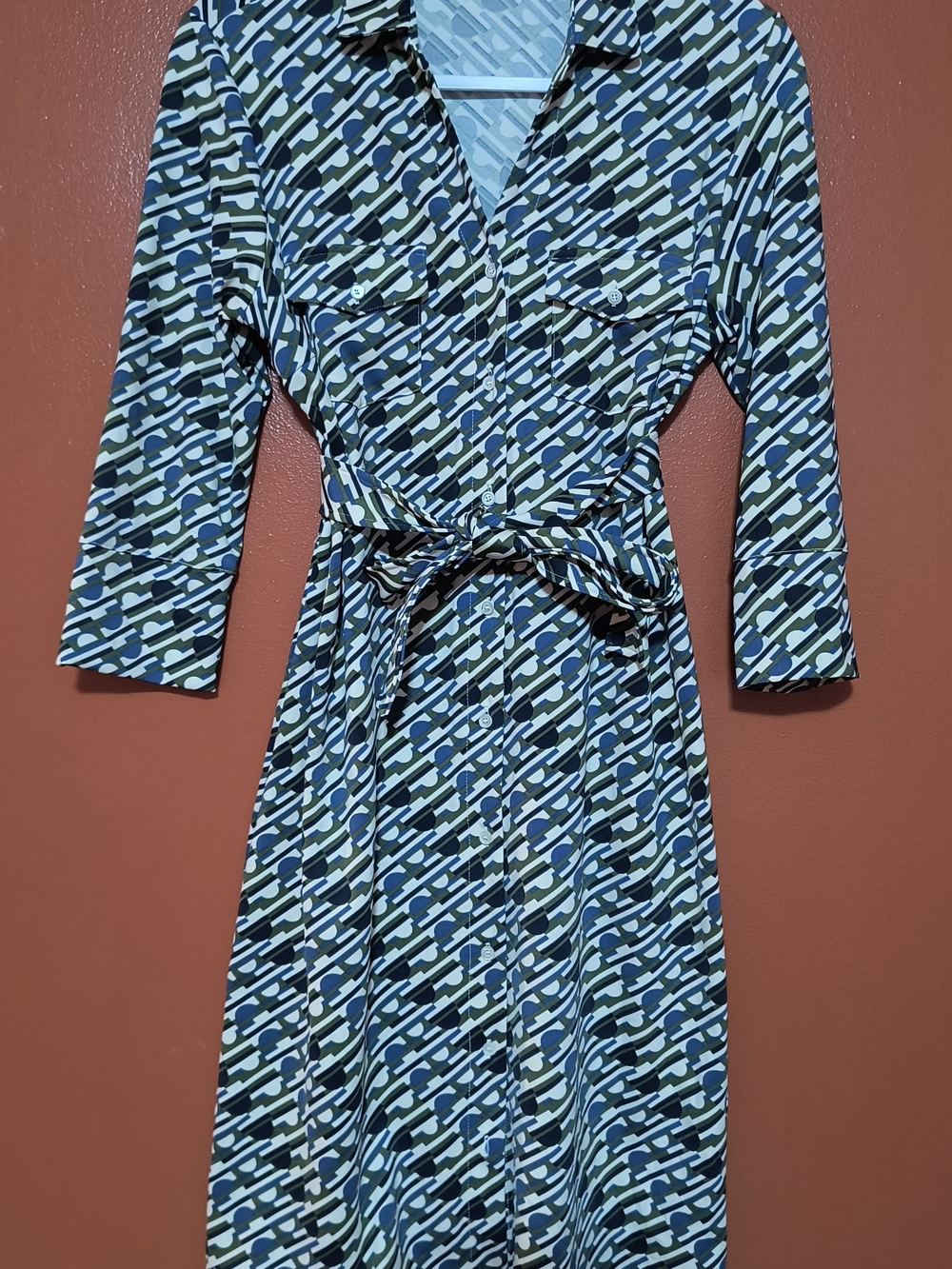 Patterned Blue and Green Long-Sleeve Shirt Dress with Tie Waist
